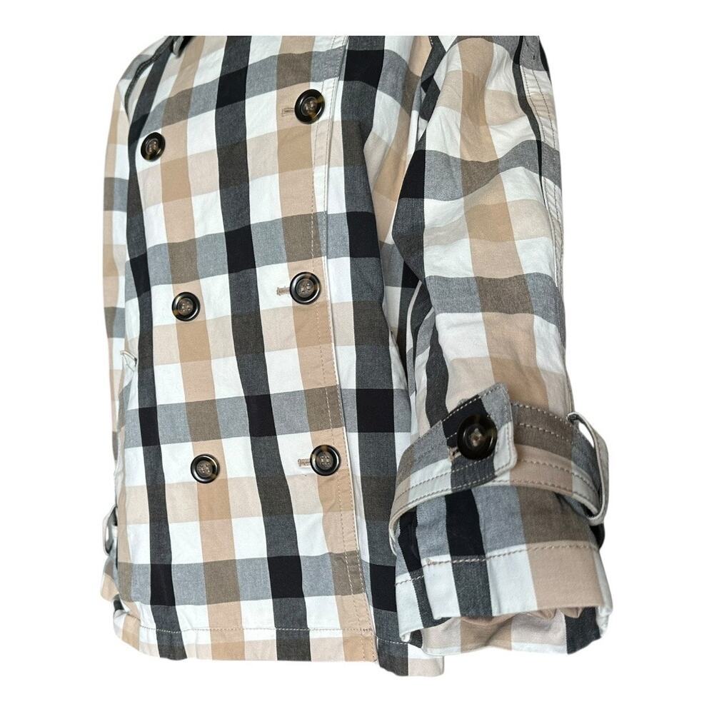 Ann Taylor Medium Weekend Collection tan black cream Plaid Short Trench Coat​ - Picture 11 of 11